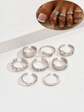 8 Pcs Fashion Style Ladies Stainless Steel Multi-Layer Flower Heart Shaped Foot Ring Suitable For Parties