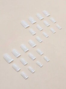 24入組中長款方釘，簡約純白法式美甲，經典多用途美甲片，可脫卸假指甲，包含摩擦工具和果凍膠，即貼美甲，美甲用品 - 白色 - 查看 2