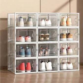 Shoe Storage Boxes, Large Clear Plastic Stackable Shoe Organizer For Closet, Connect Left And Right Shoe Boxes Case Container Bin For Entryway, Drop Front, Fit For Size 11(White)