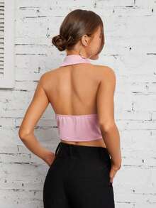 Blazer Chaleco Para Dama Unicolor, Blazer Chaleco Para Dama Liso Abotonable, Blazer Chaleco Para Dama Corte Asimétrico, Blazer Chaleco Espalda Descubierta - Rosa - Ver 2