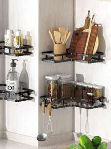 1pc No Drilling Kitchen Triangular Storage Rack, Strong Load-Bearing Corner Shelf, Saves Kitchen Space And Stores Various Kitchen Small Items,Kitchen,Summer Beach Party,Food,Camping,Organizer,Room Decor,Kitchen Items." - Black - View 1