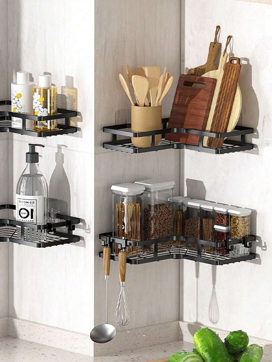 1pc No Drilling Kitchen Triangular Storage Rack, Strong Load-Bearing Corner Shelf, Saves Kitchen Space And Stores Various Kitchen Small Items,Kitchen,Summer Beach Party,Food,Camping,Organizer,Room Decor,Kitchen Items." - Black - View 1