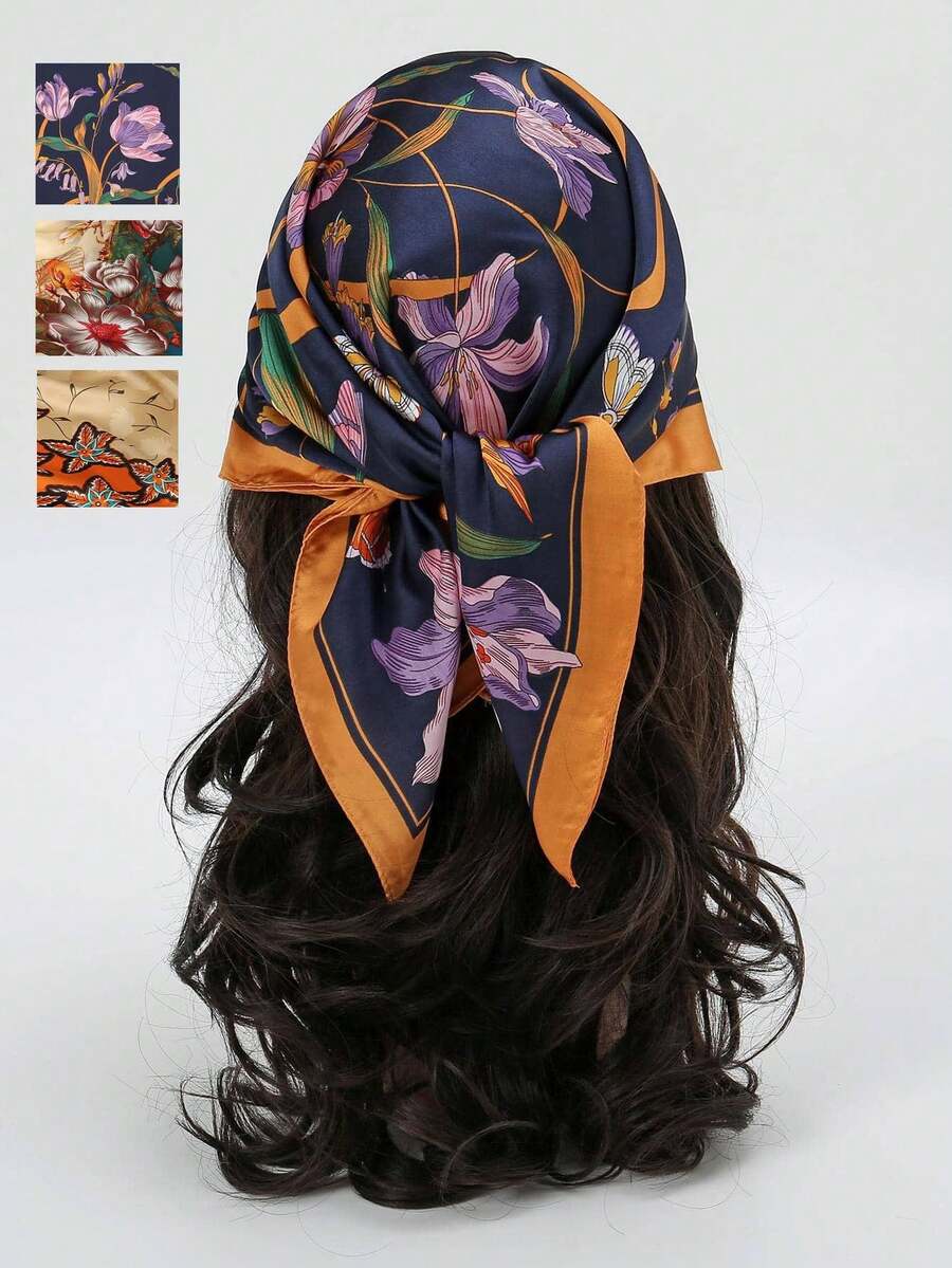 1pc Ladies Floral Printed Bandana Square Scarf Silk Neck Head Wrap Bag Decorative Scarf Suitable For Daily Use - Multicolor - View 1