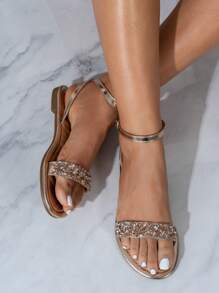 女士时尚闪光平底凉鞋，带系带，轻便舒适，简约设计，露趾休闲户外平底沙滩凉鞋，适合春夏情人节 - 香檳色 - 查看 2