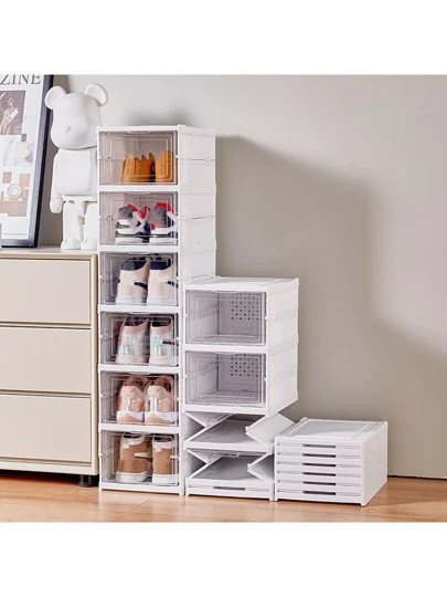 6 piezas/set Cajas para Zapatos de Plástico Transparente Apilables, Organizador de Zapatos para Armario, Contenedores Modulares para Almacenaje de Zapatos, Blanco almacenamiento de zapatos de plástico