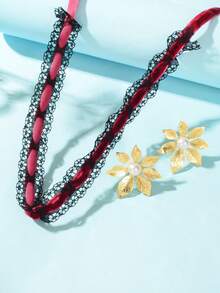 3pcs Retro Black Lace Wine Velvet Choker Necklace Gold Flower Stud Earrings Hightea Party Dating Jewelry Set - Multicolor - View 4