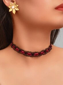 3pcs Retro Black Lace Wine Velvet Choker Necklace Gold Flower Stud Earrings Hightea Party Dating Jewelry Set - Multicolor - View 1