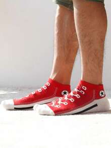 1雙女士帆布鞋形短襪,具有大學風格和創意設計,進口有趣新奇襪子 - 紅色 - 查看 1