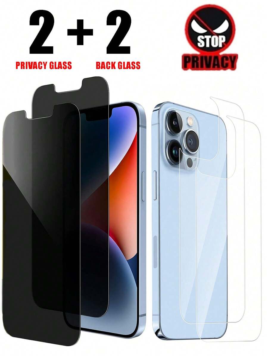 [Paquete de 4] 2 piezas de vidrio templado de privacidad antiespía + 2 piezas de vidrio trasero compatible con iPhone - transparente - Ver 1