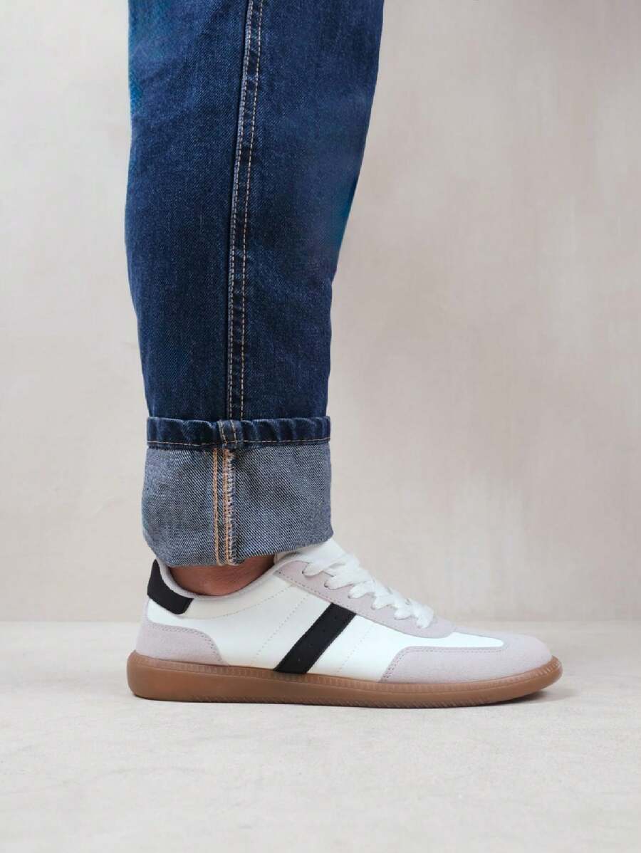 Where’s That From Pace Contrast Panel Lace Up Gum Sole Trainers In Faux Leather - White - View 1