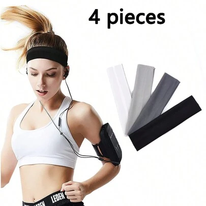 4 piezas Diademas anchas unisex de un solo color, diademas de pelo elásticas suaves antideslizantes, adecuadas para yoga, Correr, deportes