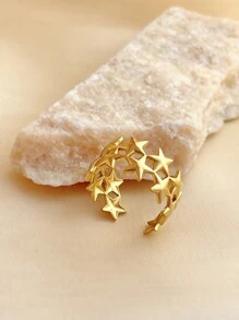 1pc Fashionable Women Ring, Stainless Steel Jewelry, 18K Gold Plated, Yellow Color, Ideal For Party, Creative Star Design, Adjustable Size, Suitable For Mother's Day, Teacher's Day, Valentine's Day, Elegant And Charming Jewelry Valentines