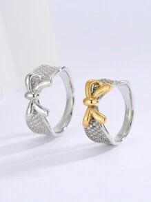 1入組鍍金銅質時尚優雅蝴蝶結戒指，時尚高質感，適用於訂婚、婚禮、派對和日常穿搭 - 滿鑽蝴蝶結戒指 - 查看 3