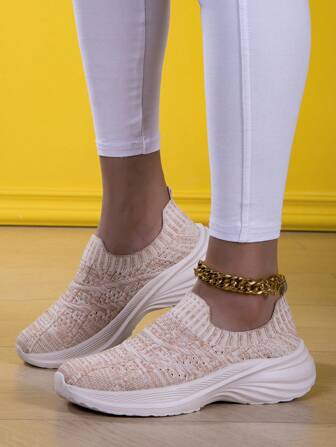 Women Outdoor Lightweight Breathable Knitted Beige Round Toe Slip-On Thick Sole Casual Shoes With Bohemian Style