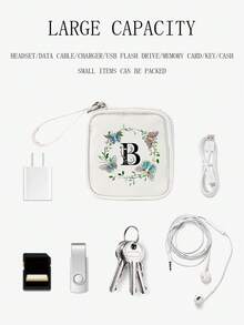 1 件字母印花便携式迷你收纳袋，手持式多功能数码整理袋，可容纳电缆、耳机、口红、卫生巾、移动电源和 USB 旅行学校大学电子包充电器手提箱电缆整理盒行李旅行包电缆包电子数据线床头收纳袋，适用于旅行 Airpods 相机收集女性男性儿童圣诞礼物必备教师用品防水轻便大容量便携式配件 - 白色 - 查看 21