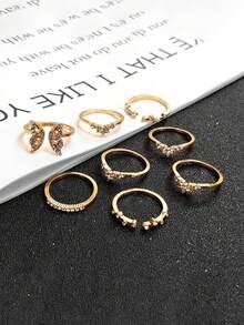 8入組新款歐美波西米亞風格鑲鑽蝴蝶環節戒指，時尚珠寶。 - 彩色 - 查看 2