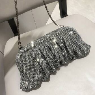 Luxury Rhinestone Clutch Bag Featuring Folded Design, Chain Strap Perfect For Women Evening Party Shoulder Bag Female Bag