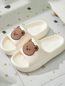 女士夏季卡通熊拖鞋，柔軟底部海灘涼鞋，家居浴室速干平底鞋 - 白色 - 查看 2