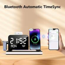 BezosMax 7 In 1 Charging Station With Clock, Dual Phone Wireless Charger With Night Light, Bluetooth TimeSync Temperature,30W Adapter,Fast Charger For All All Wireless Charging Phone(IPhone / Samsung) & Airpods& LWatch - Black - View 5