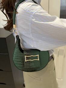 A Retro Fashion Indentation Crocodile Pattern Underarm Bag Hardware Buckle Opening Lightweight Solid Colour Shoulder Bag Suitable For Daily Use, Tready Crescent Moon Bag For Women - Green - View 3