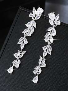 1对全新奢华品牌白色立方氧化锆华丽叶形花朵长款垂坠耳环，适合女性新娘婚礼佩戴。情人节配饰 - A - 查看 8