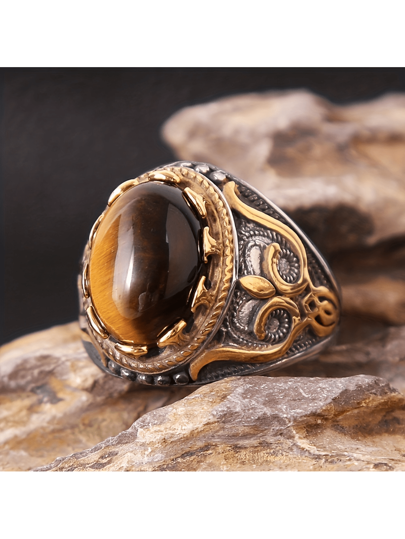 1 قطعة تصميم جديد خمر الموضة منحوتة عين النمر الدائري مناسبة للرجال ارتداء اليومي | مقاس: 10