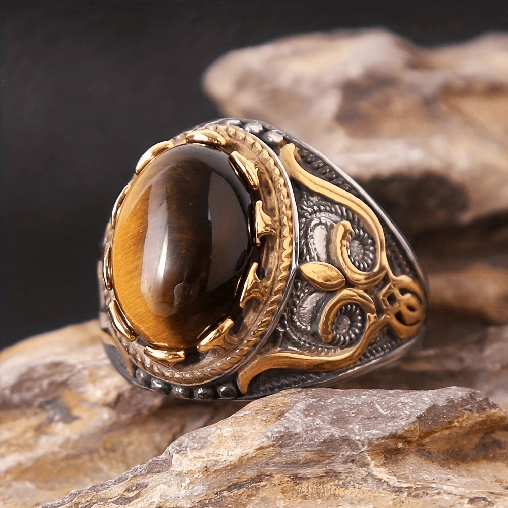 1pc New Design Vintage Fashion Carved Tiger Eye Ring Suitable For Men Daily Wear - White Gold - View 1
