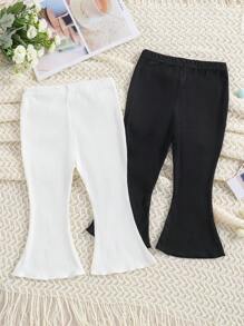 Baby Girl 2 Pieces/Set Summer Casual Solid Color Knitted Flare Pants, Fashionable Spring Outfit Black & White, Simple And Elegant Style