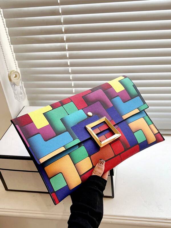 Sac enveloppe à fermoir métallique pour soirée pour femme, mosaïque de grille de motif coloré, sac à main polyvalent à rabat