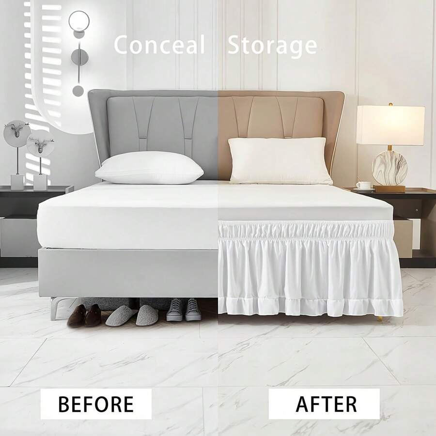 1pc White Ruffled Bed Skirt, Lace Style Bedding, Dustproof Bed Cover, Stretch Elastic Bed Wrap With Double-Layered Ruffles, Suitable For Bedroom, Guest Room, Hotel Bedding - White - View 1