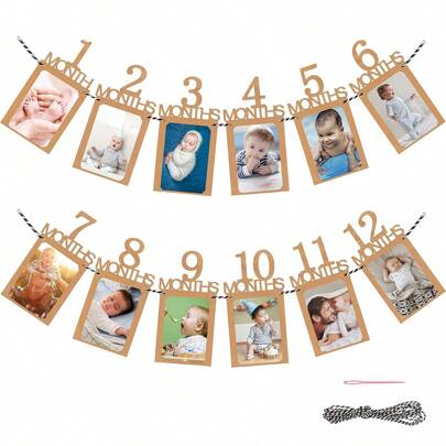 1st Birthday Baby Photo Banner Newborn To 12 Months Monthly Milestone Photograph Bunting Garland For First Birthday Celebration Decoration