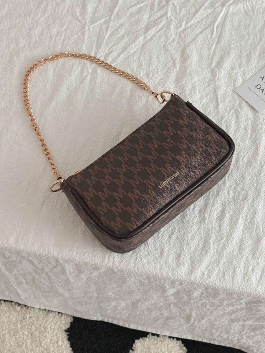2024 New Fashion Classic Clown PU Waterproof Material Letter Print Design Metal Chain Decor Baguette Shoulder Bag, Suitable For Shopping