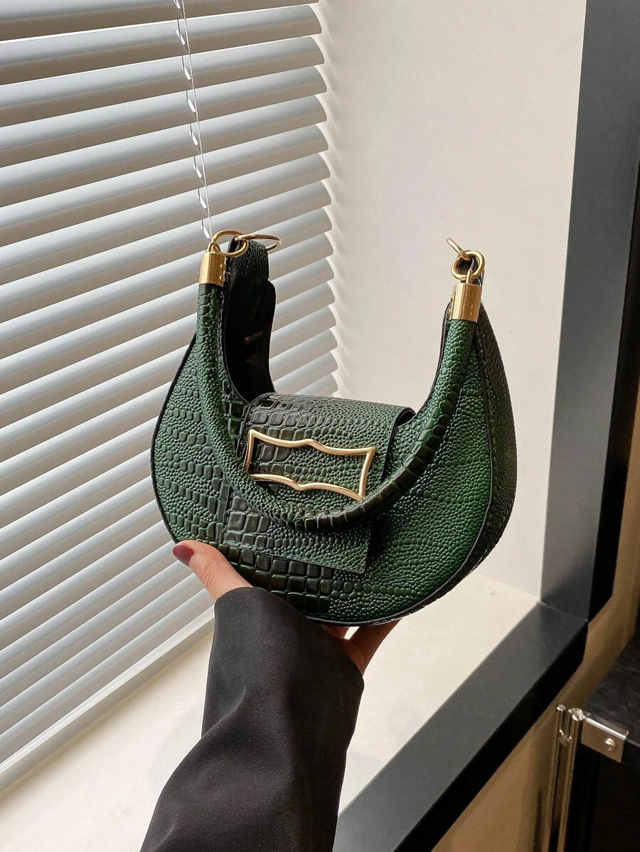 A Retro Fashion Indentation Crocodile Pattern Underarm Bag Hardware Buckle Opening Lightweight Solid Colour Shoulder Bag Suitable For Daily Use, Tready Crescent Moon Bag For Women