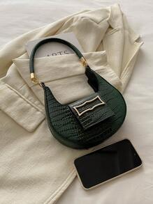 A Retro Fashion Indentation Crocodile Pattern Underarm Bag Hardware Buckle Opening Lightweight Solid Colour Shoulder Bag Suitable For Daily Use, Tready Crescent Moon Bag For Women - Green - View 4