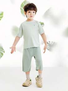 mini bala Young Boy Children's Short-Sleeved Set Soft And Breathable Home Service - Green - View 1