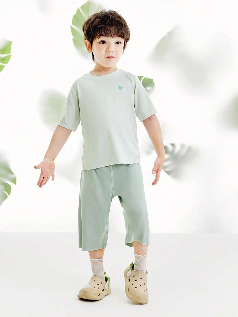 mini bala Young Boy Children's Short-Sleeved Set Soft And Breathable Home Service - Green - View 1