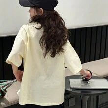 Tween 女童短袖 T 恤，2025 年新款超大上衣，儿童夏季韩国时尚品牌宽松夏装 - 米色 - 查看 6