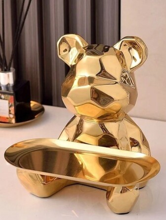 1 pieza Escultura cerámica abstracta con baño electrolítico de oso con bandeja organizadora, plato de almacenamiento de llaves y cosméticos, estatua decorativa con hucha y estantería. Mejor regalo