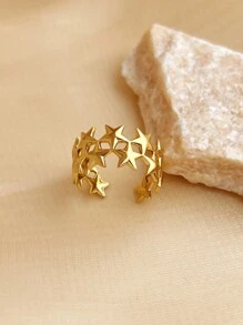 1pc Fashionable Women Ring, Stainless Steel Jewelry, 18K Gold Plated, Yellow Color, Ideal For Party, Creative Star Design, Adjustable Size, Suitable For Mother's Day, Teacher's Day, Valentine's Day, Elegant And Charming Jewelry Valentines