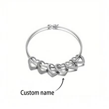 個性化刻字多重名字愛心吊墜手鐲，女性定制名字女人心形吊飾，不銹鋼手鍊金色珠寶，母親節禮物 - 銀色 - 查看 13