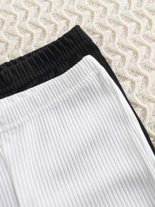 Baby Girl 2 Pieces/Set Summer Casual Solid Color Knitted Flare Pants, Fashionable Spring Outfit Black & White, Simple And Elegant Style
