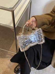 鑲有鑽石手柄和鍊條的蝴蝶結手拿包，透明派對晚宴包，獨特的設計非常適合女性，是一份有趣的禮物 - 無色 - 查看 2