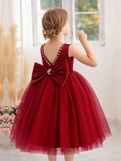酒红色珍珠装饰蝴蝶结露背深V领圣诞派对公主裙，适合女孩生日派对、宴会、正式场合、婚礼、舞台表演