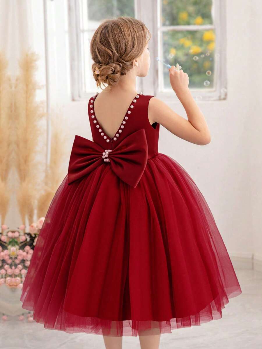 Váy công chúa dự tiệc Giáng sinh khoét sâu khoét lưng đính ngọc trai màu đỏ tía, thích hợp cho bé gái dự tiệc sinh nhật, tiệc chiêu đãi, dịp trang trọng, đám cưới, biểu diễn sân khấu