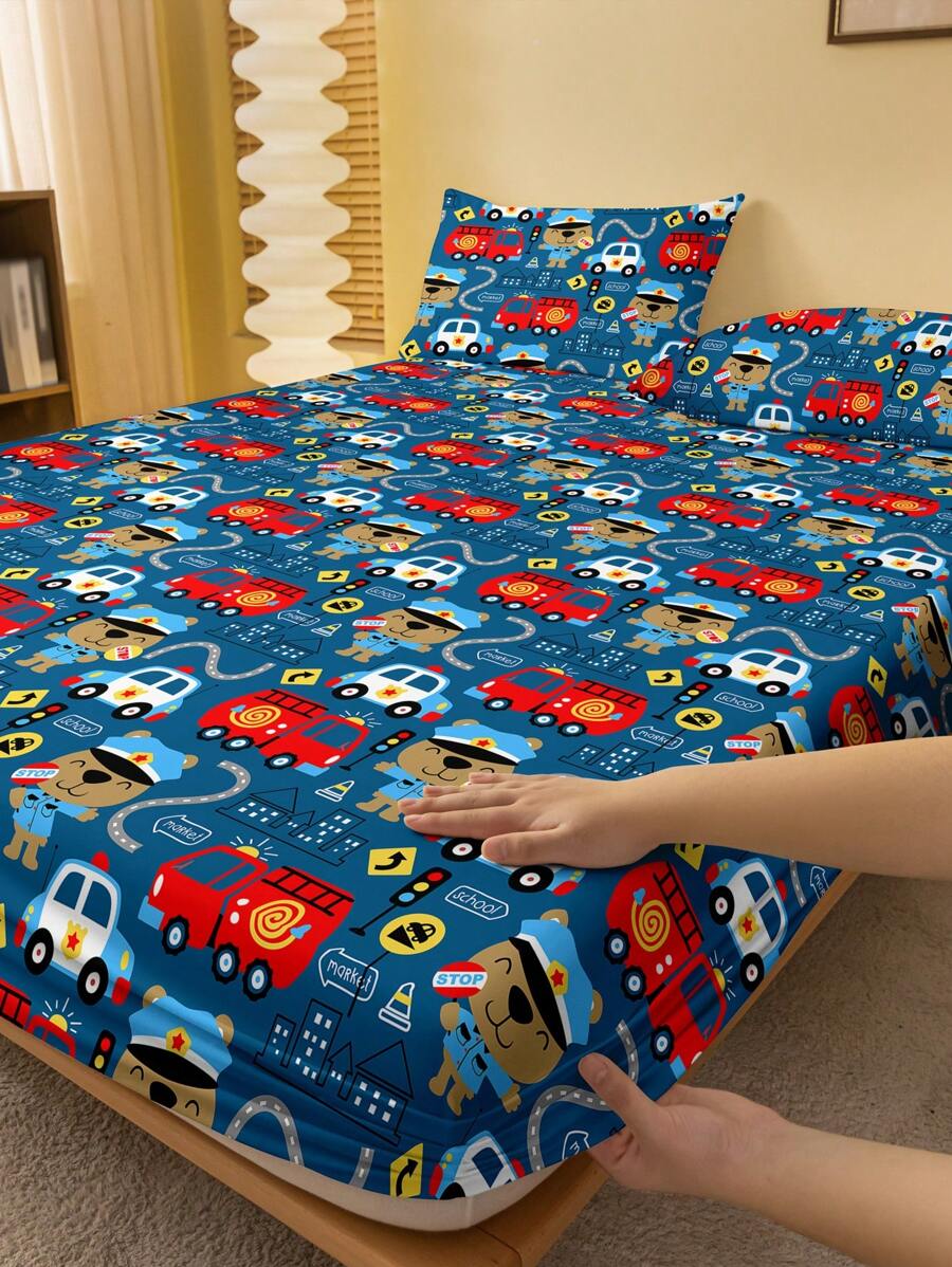 1pc Ambulance Pattern Printed Brushed Fitted Sheet, Bedroom Bedspread, Bedding (Pillowcases Not Included) - Multicolor - View 1