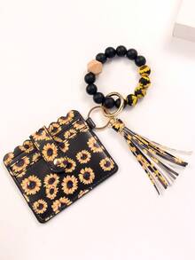 4pcs Keychain Wallet Wristlet Small Credit Card Holder Bracelet Key Chain Purse Bangle Tassel Beads Key Rings For Women - Yellow - View 2