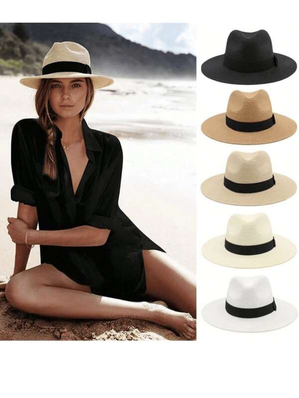 One Unisex Panama Jazz Hat With Flat Top, Fashionable Western Cowboy Straw Hat
