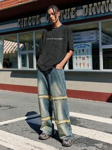 INFLATION T-Shirt à manches courtes pour hommes avec fausse impression de lettre lavée pour l'été