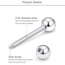 12 件 14G 乳贴舌环带替换球 12 毫米 14 毫米 16 毫米 18 毫米 316L 不锈钢外螺纹直杠铃身体穿孔 男女适用 银黑色 - Classic - 查看 8