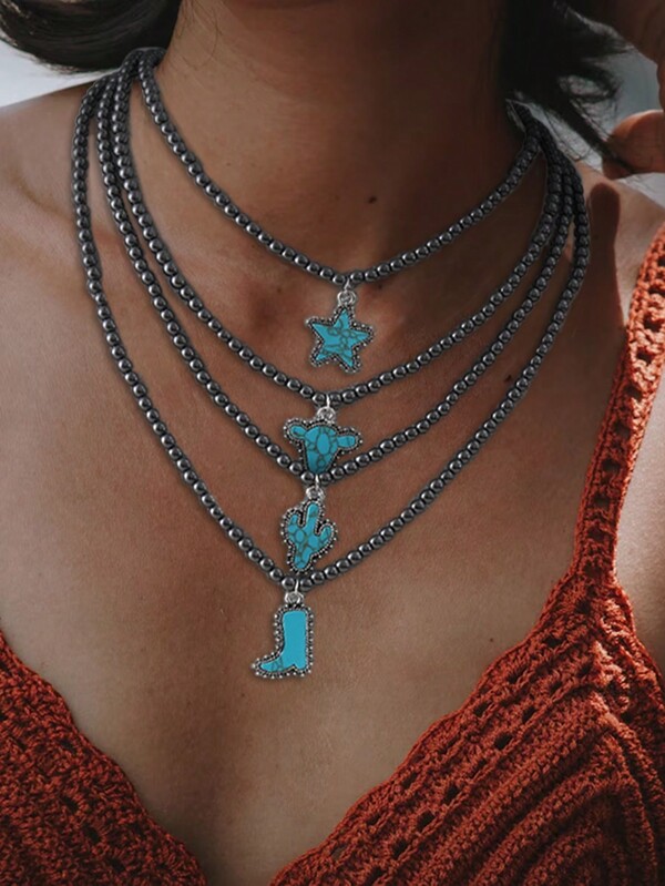 Vintage Western Navajo Bead Semi Stone Necklace Turquoise Cow Head Cactus Star Cowboy Boots Teardrop Pendant Necklace Western  Women Jewelry